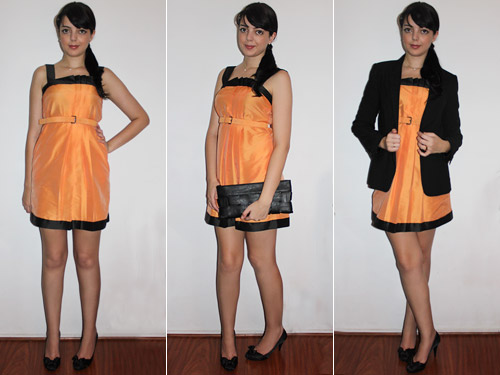 vestido curto laranja com blazer preto