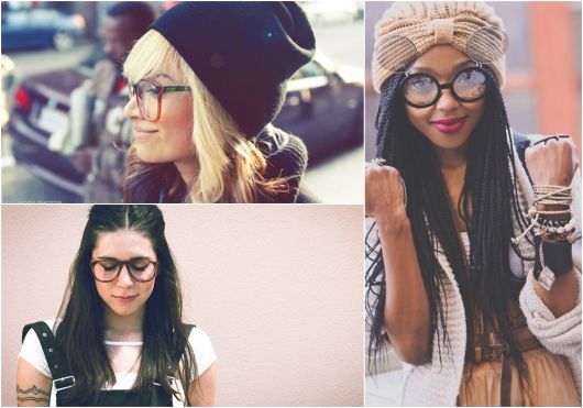 exemplo de óculos de grau em loira, morena e afrodescendente