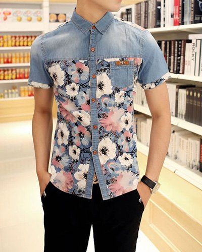 camisa jeans floral colorida