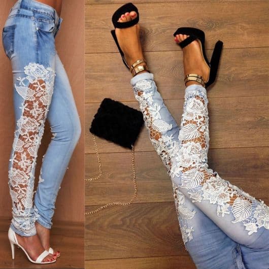Calça jeans com renda na moda