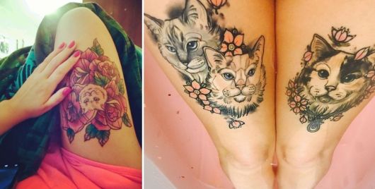 tatuagem de gato grande na coxa