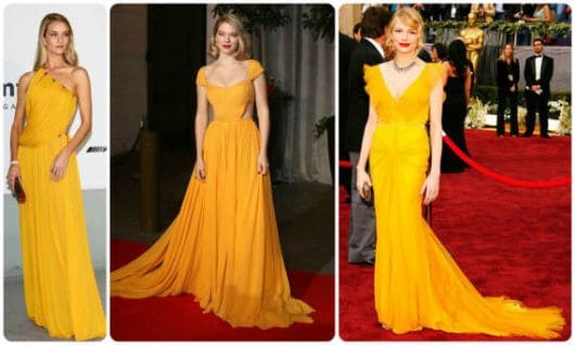 três modelos de vestidos longos em amarelo longo