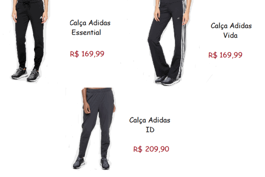Modelos de calça adidas nas cores preto, preto com listras brancas na lateral e cinza chumbo.