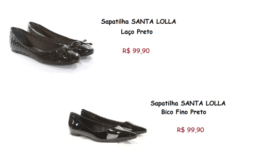 Sapatilhas pretas da marca Santa Lolla e seus respectivos preços.