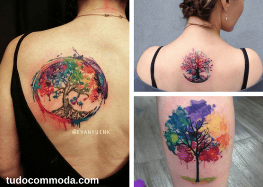 seleção de fotos de tatuagem de árvore da vida com flores em aquarela