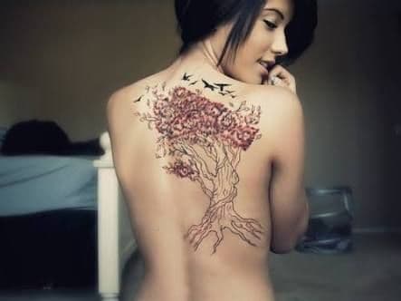 tatuagem de árvore da vida com folhas vermelhas e pássaros ao redor