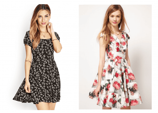 Modelos vestem vestidos florais em tom preto e branco e branco e rosa.