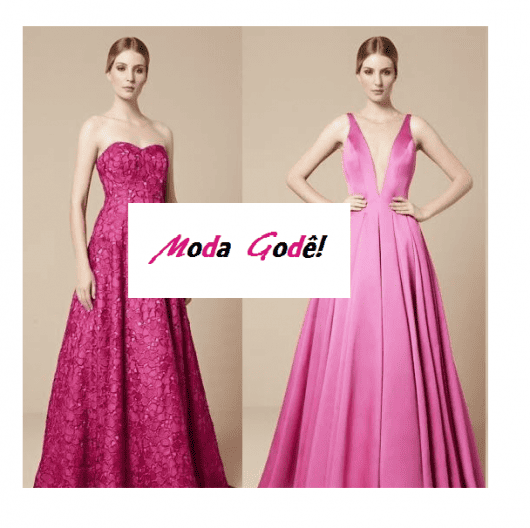 Modelos com vestido rosa godê.