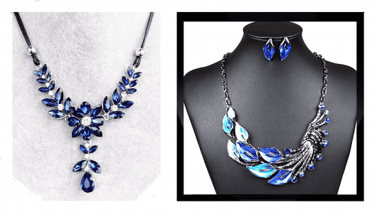 Modelos de colares nas cores de azul marinho com brilhantes.