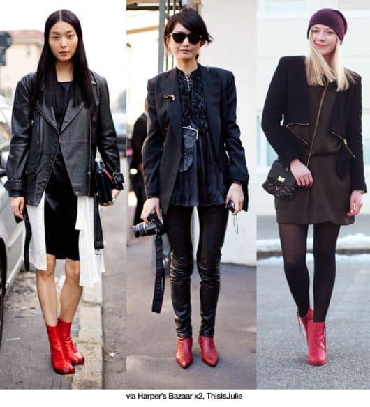 modelos vestem looks todo na cor preta e bota vermelha.