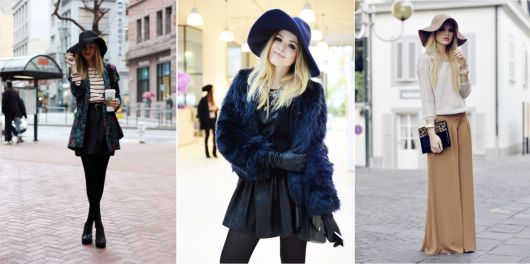 modelo veste look com casaco de pele preto, saia , chapeu e meia preta.