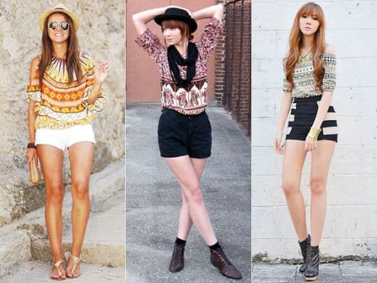 modelos usam shorts de tecido com blusas de estampas etnicas, com botinhas e rasteirinhas.