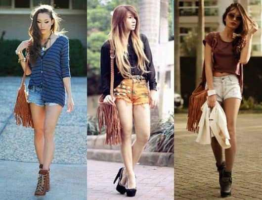 Modelos usam shorts, camisas e sapatinhos, com bolsas de franja.
