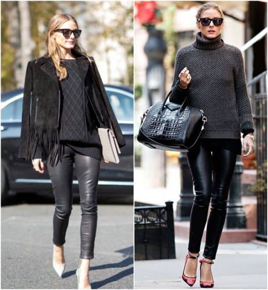 Modelos usam calça de couro preta, scarpin, bolsa e casaco tudo em preto, com óculos escuros.