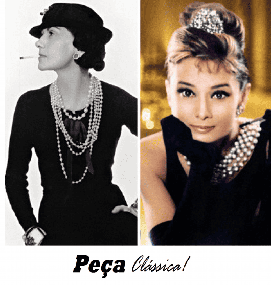 Montagem com atriz audrey hepburn de colar de perolas, vestido preto e tiara.