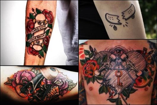 Montagem com quatro fotos diferentes de tatuagem de skate