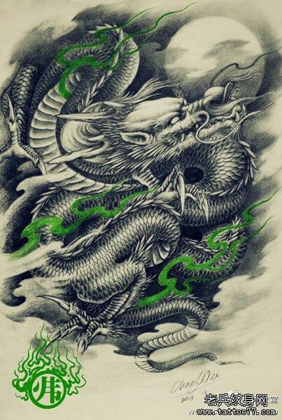 Desenho em preto e branco de uma dragão oriental
