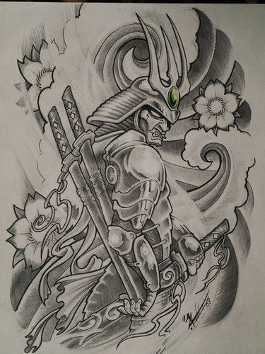 Desenho em preto e branco de um samurai carregando várias espada e uma armadura muito imponente