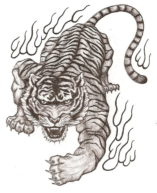 Desenho de um tigre avançando em direção a alguma presa