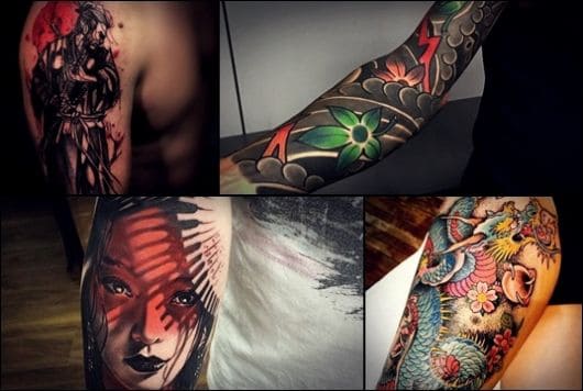 Montagem com quatro fotos diferentes de tatuagem oriental