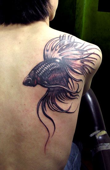 Tatuagem escura de um peixe beta com longas barbatanas feita nas costas.