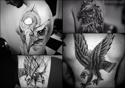 Montagem com quatro fotos diferentes de tatuagem de águia