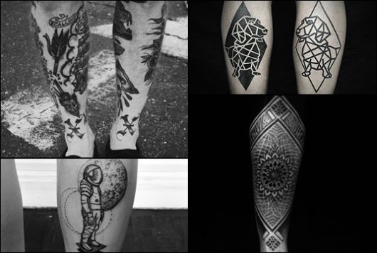 Montagem com quatro fotos diferentes de tatuagem na perna
