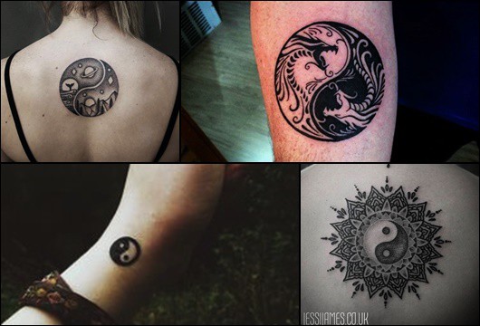 Montagem com quatro fotos diferentes de tatuagem de yin yang