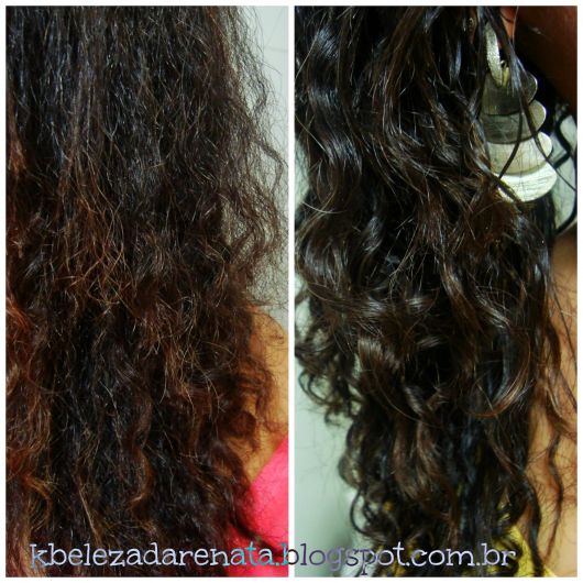 Antes e Depois do uso de Bepantol para cabelos em mulher com cabelo cacheado.