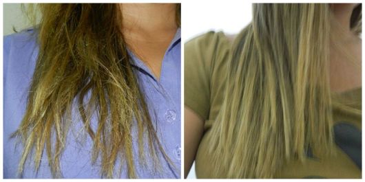 Antes e Depois do uso de Bepantol para cabelos em mulher com cabelo pintado.