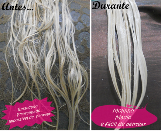 Antes e durante do uso de Bepantol para cabelos.