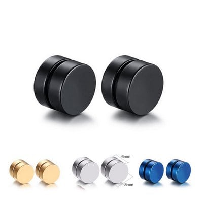 Fotos de quatro modelos diferentes de brinco de pressão. Um preto, um dourado, um prata e um azul. 