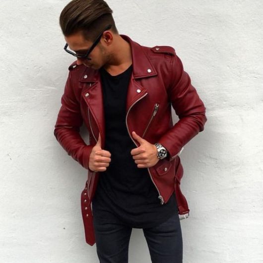 jaqueta de couro vermelha masculina