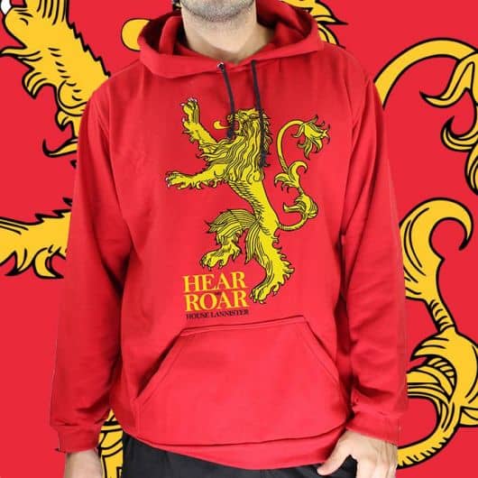 Moletom masculino vermelho com o logo da casa Lannister de Game of Thrones acompanhado da frase "Hear me Roar"