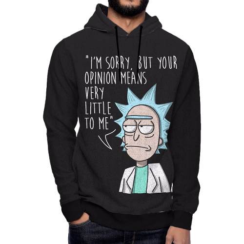 Camiseta com o Rick do desenho Rick and Morty acompanhado da frase "Me desculpe, mas sua opinião não significa praticamente nada para mim" em inglês.