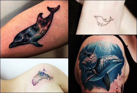 Montagem com quatro fotos diferentes de tatuagem de golfinho