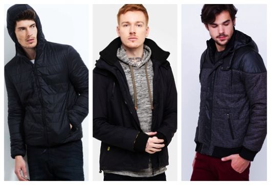 Montagem com fotos de três homens diferentes vestindo jaquetas de nylon