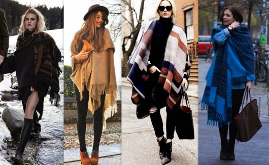 Modelos vestem roupas de inverno com poncho feminino por cima.