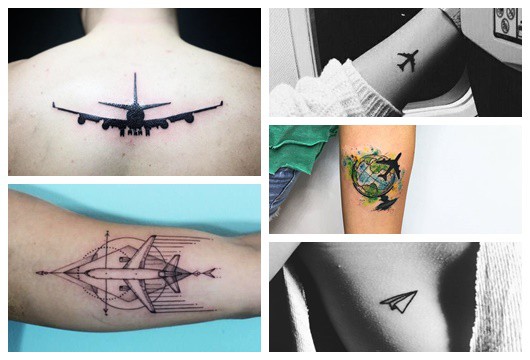 Montagem com cinco fotos diferentes de tatuagem de avião