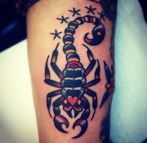 Tatuagem de um escorpião colorido voltado para baixo. 
