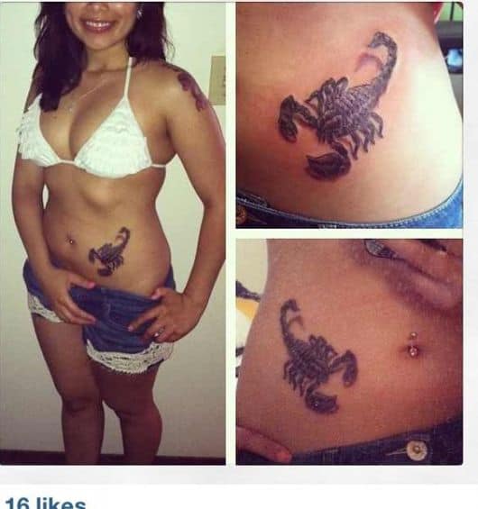 Tatuagem de escorpião grande feita um pouco acima da virilha. 