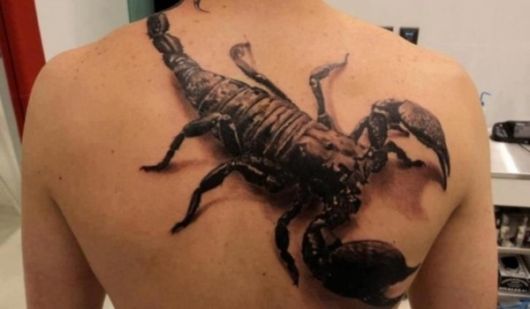 Tatuagem realista de um escorpião enorme feita nas costas.