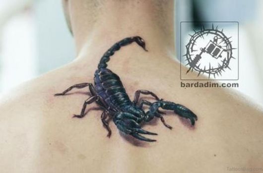 Tatuagem de escorpião realista feita na parte de cima das costas de um homem. 
