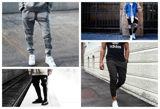 Montagem com cinco fotos diferentes de calça swag.