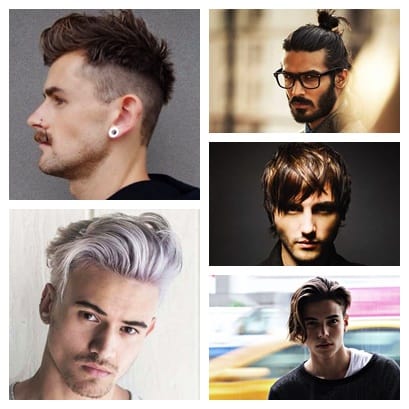 Montagem com cinco fotos diferentes de cortes de cabelo masculinos. 