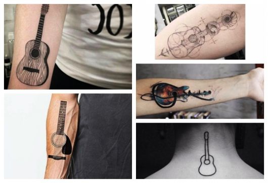 Montagem com cinco fotos diferentes de tatuagem de violão