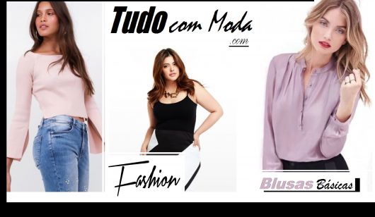 Ilustração capa do post com modelos de blusas básicas nas cores, rosa, preto e roxinho claro.