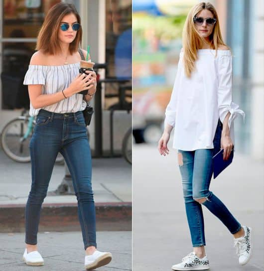 Modelos vestem calça jeans, blusa e tenis branco.