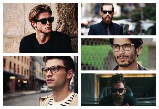 Montagem com cinco imagens diferentes de homens usando óculos quadrado masculino. 