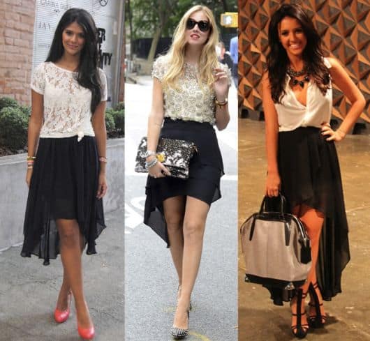 Modelos usam saia preta mullet e blusa branca com sapato.
